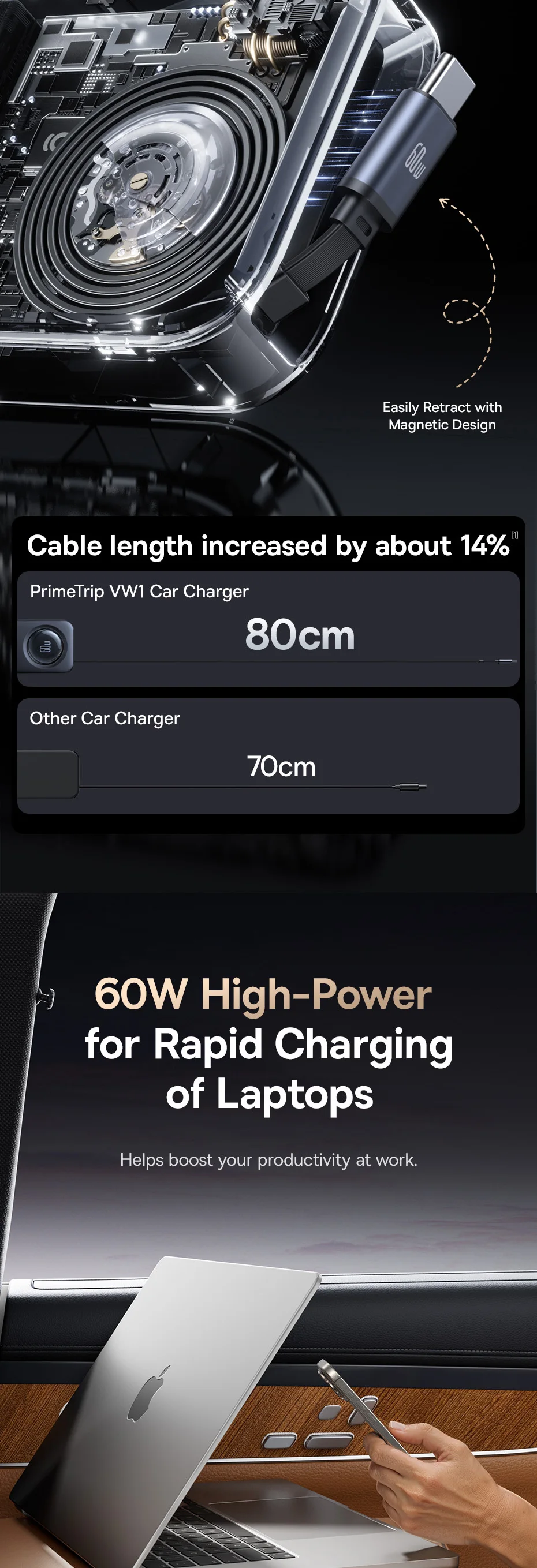 Baseus 105W Retractable Car Charger Rear Seat Expand Quick Charger 6 Ports PD QC 60W Fast Charging For Notebook iPhone Samsung