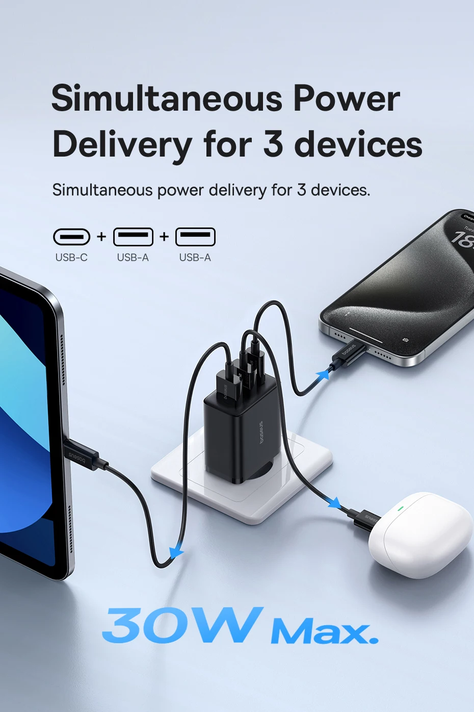Baseus 30W USB Charger QC3.0 PD3.0 Type C PD Fast Charging Quick Phone Charger For iPhone 15 14 13 12 Pro Max Xiaomi Samsung