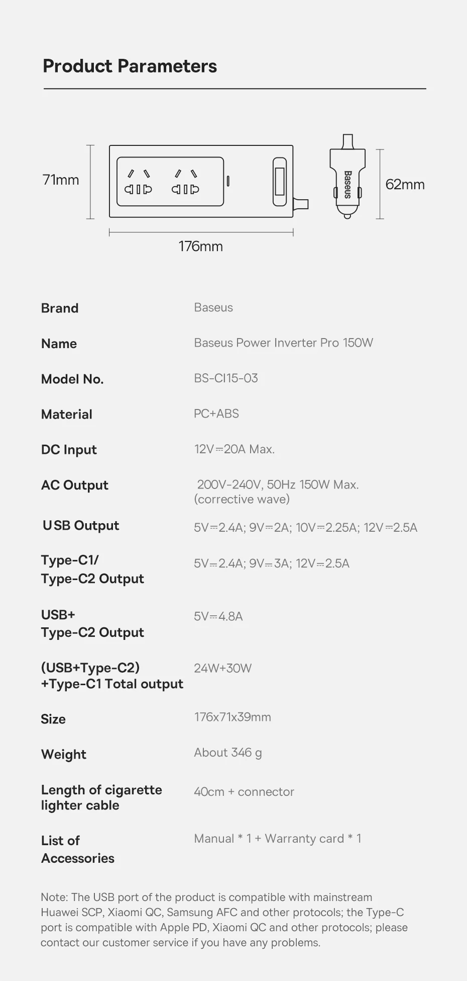 Baseus Car USB Type C Fast Charger 150W Car Inverter DC 12V to AC 220V EU Version Auto Power Inversor For Car Power Adapter