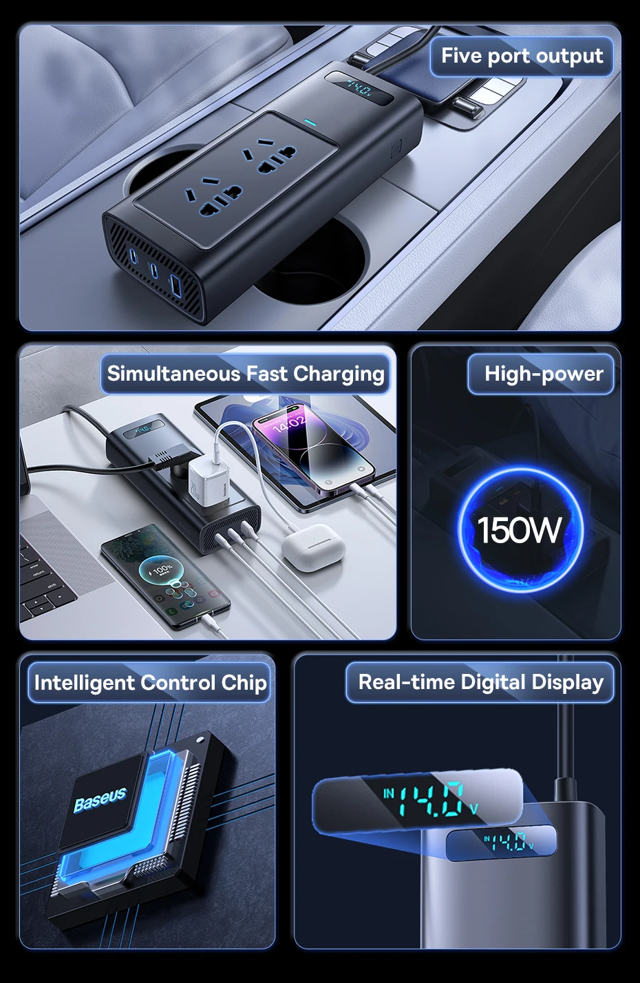 Baseus Car USB Type C Fast Charger 150W Car Inverter DC 12V to AC 220V EU Version Auto Power Inversor For Car Power Adapter