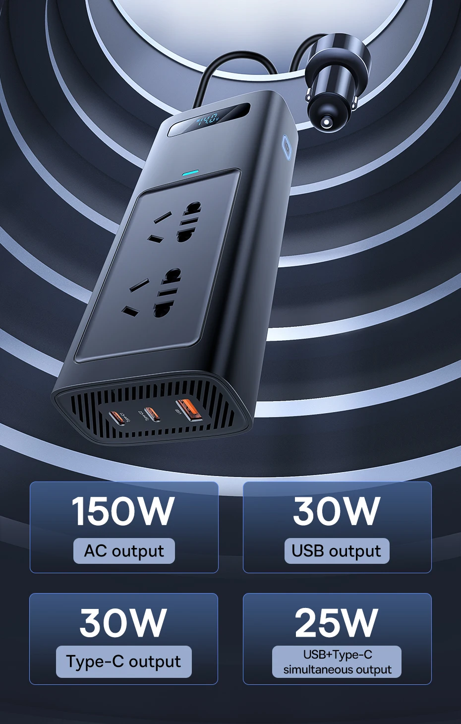 Baseus Car USB Type C Fast Charger 150W Car Inverter DC 12V to AC 220V EU Version Auto Power Inversor For Car Power Adapter