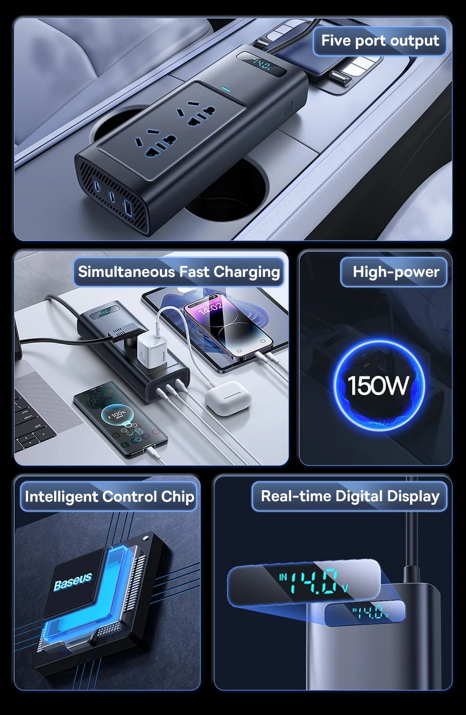 Baseus Car USB Type C Fast Charger 150W Car Inverter DC 12V to AC 220V EU Version Auto Power Inversor For Car Power Adapter