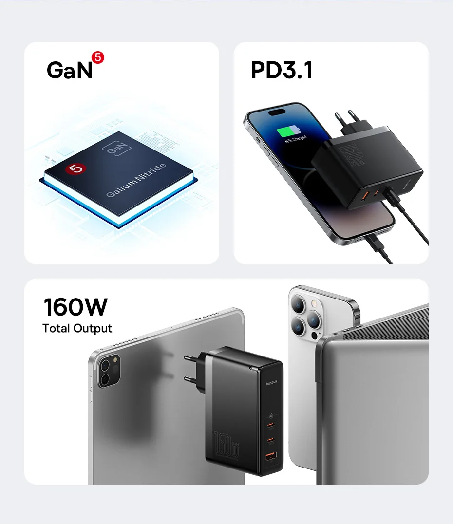 Baseus 160W Tablet Charger Fast Charger For Laptop Macbook iPhone Samsung Xiaomi Charger USB C Support PD QC PPS Phone Charger