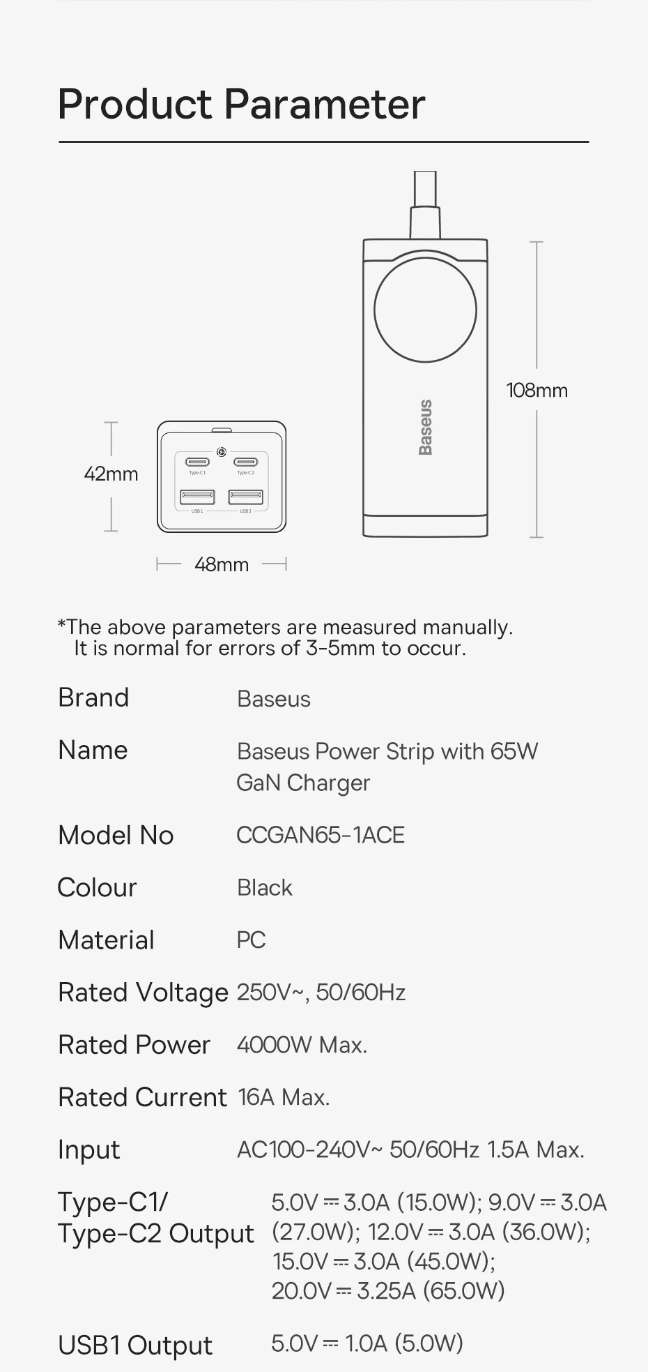 Baseus 65W GaN Charger Power Strip Desktop Adapter Fast Charging Station 4000W AC Outlet For Laptop Tablet iPhone Xiaomi Samsung
