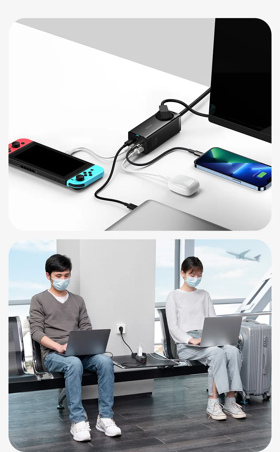 Baseus 65W GaN Charger Power Strip Desktop Adapter Fast Charging Station 4000W AC Outlet For Laptop Tablet iPhone Xiaomi Samsung