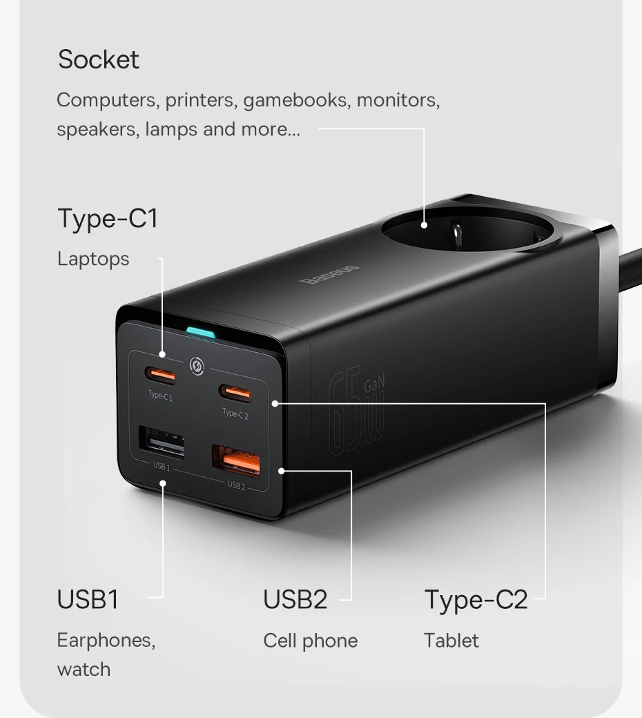 Baseus 65W GaN Charger Power Strip Desktop Adapter Fast Charging Station 4000W AC Outlet For Laptop Tablet iPhone Xiaomi Samsung