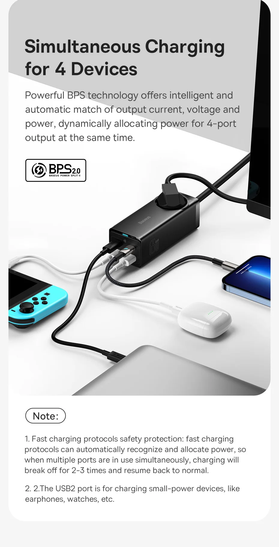 Baseus 65W GaN Charger Power Strip Desktop Adapter Fast Charging Station 4000W AC Outlet For Laptop Tablet iPhone Xiaomi Samsung