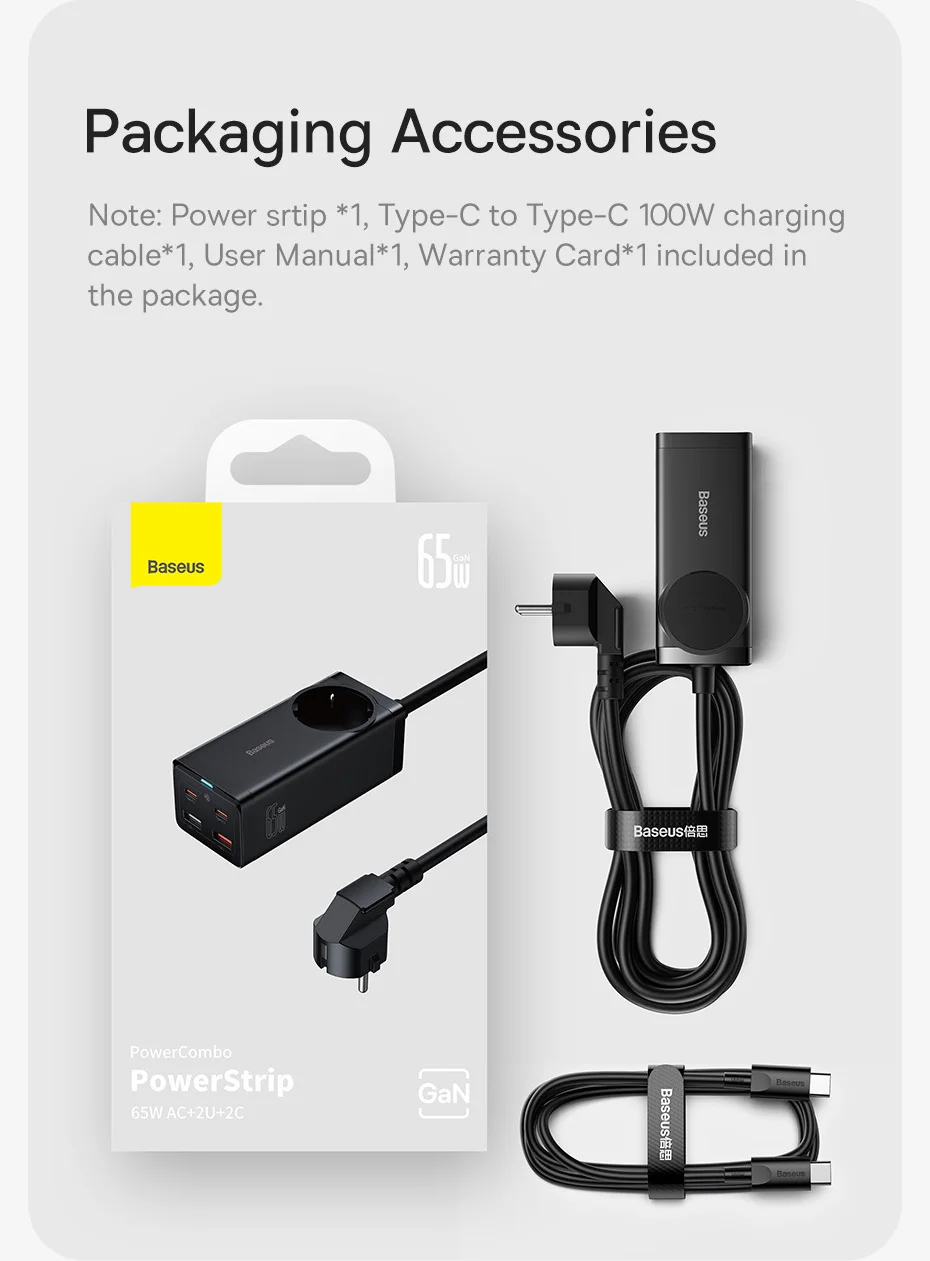 Baseus 65W GaN Charger Power Strip Desktop Adapter Fast Charging Station 4000W AC Outlet For Laptop Tablet iPhone Xiaomi Samsung