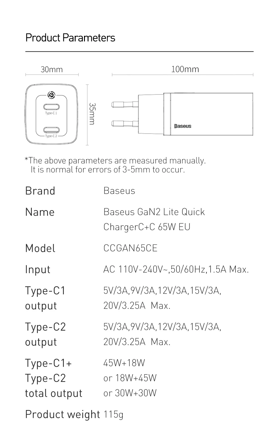 Baseus 65W GaN Charger Quick Charge 4.0 Type C PD Charger USB Charger for iPhone Samsung Xiaomi Fast Charger For Laptop