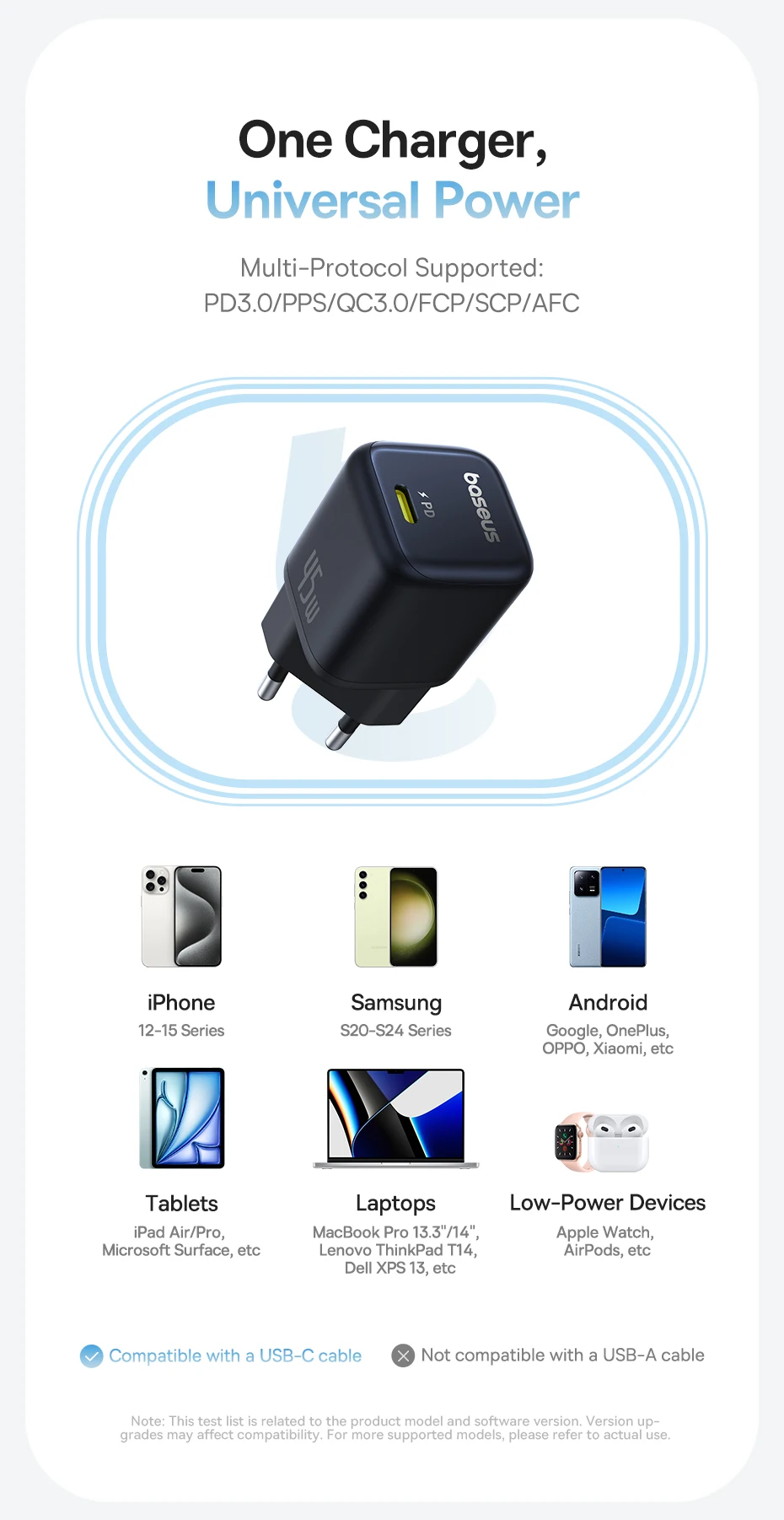 Baseus 45W PD Charger For iPhone 16 15 Pro Max Samsung Galaxy Fast Charger GaN Charger USB C Charger Portable Travel Charger