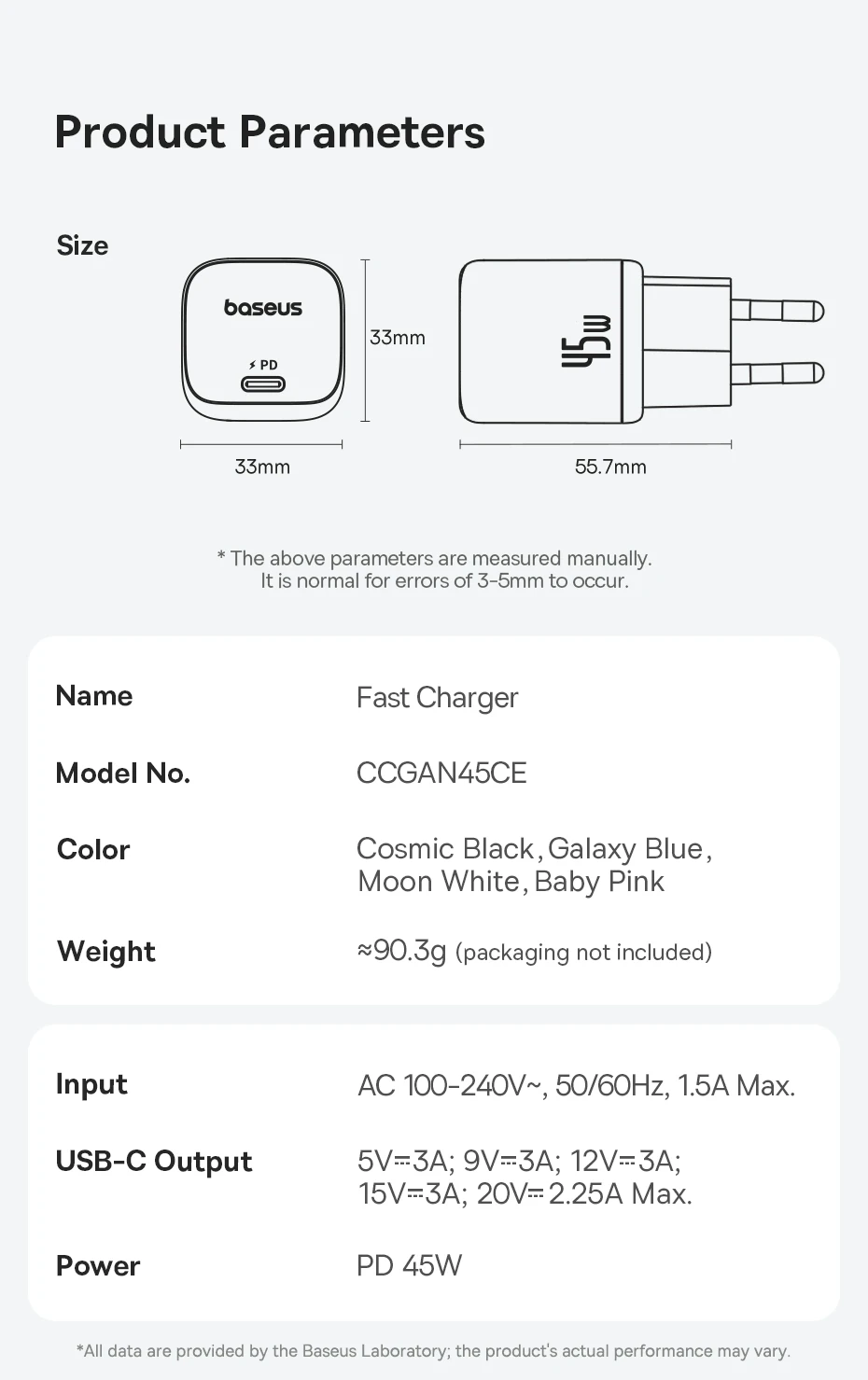 Baseus 45W PD Charger For iPhone 16 15 Pro Max Samsung Galaxy Fast Charger GaN Charger USB C Charger Portable Travel Charger