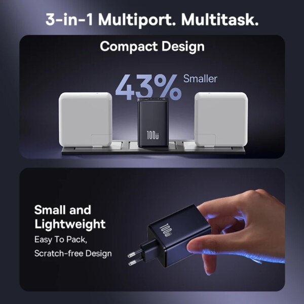 Baseus EnerFill 100W GaN Fast Charger 3-Port PD QC PPS Foldable Plug - Image 3