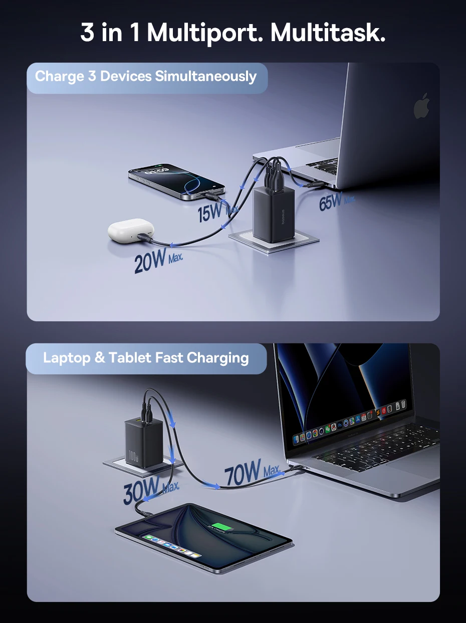 Baseus 100W Fast Charger GaN Charger For iPhone Xiaomi Samsung Laptop Tablet USB C Charger QC PD Charger USB Phone Charger