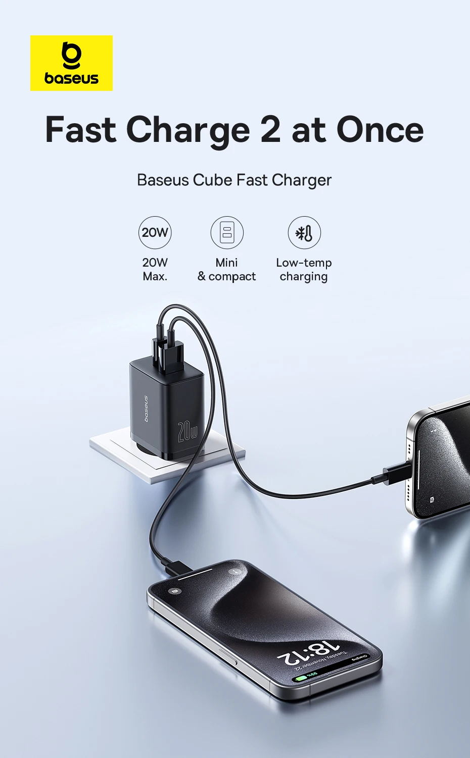 Baseus 20W USB Charger Support Type C PD Fast Charging Dual USB Port Portable Phone Charger For iPhone 15 14 13 12 11 Pro Max