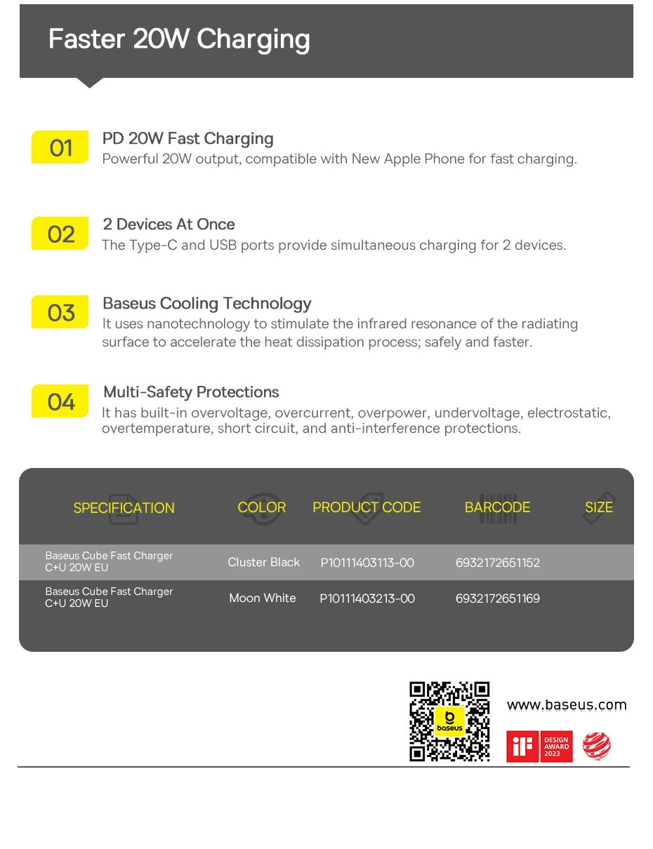 Baseus 20W USB Charger Support Type C PD Fast Charging Dual USB Port Portable Phone Charger For iPhone 15 14 13 12 11 Pro Max