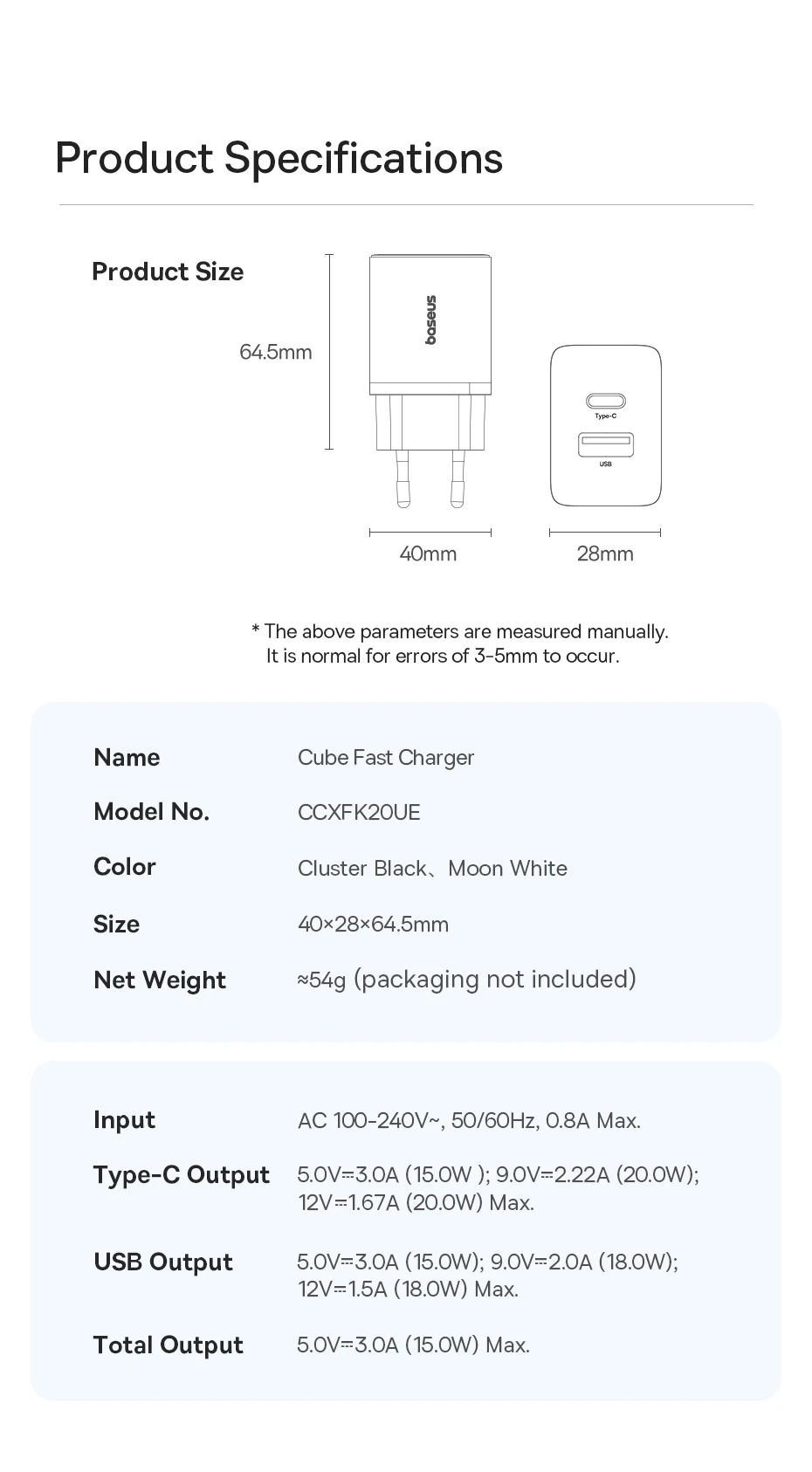 Baseus 20W USB Charger Support Type C PD Fast Charging Dual USB Port Portable Phone Charger For iPhone 15 14 13 12 11 Pro Max