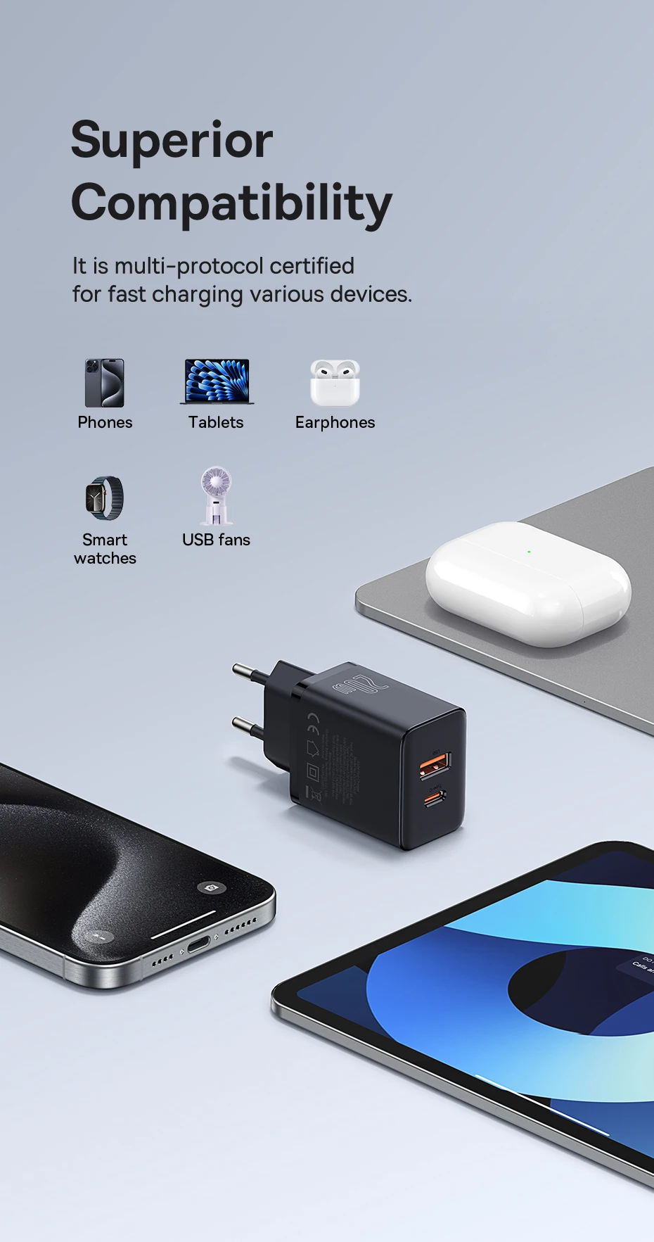 Baseus 20W USB Charger Support Type C PD Fast Charging Dual USB Port Portable Phone Charger For iPhone 15 14 13 12 11 Pro Max