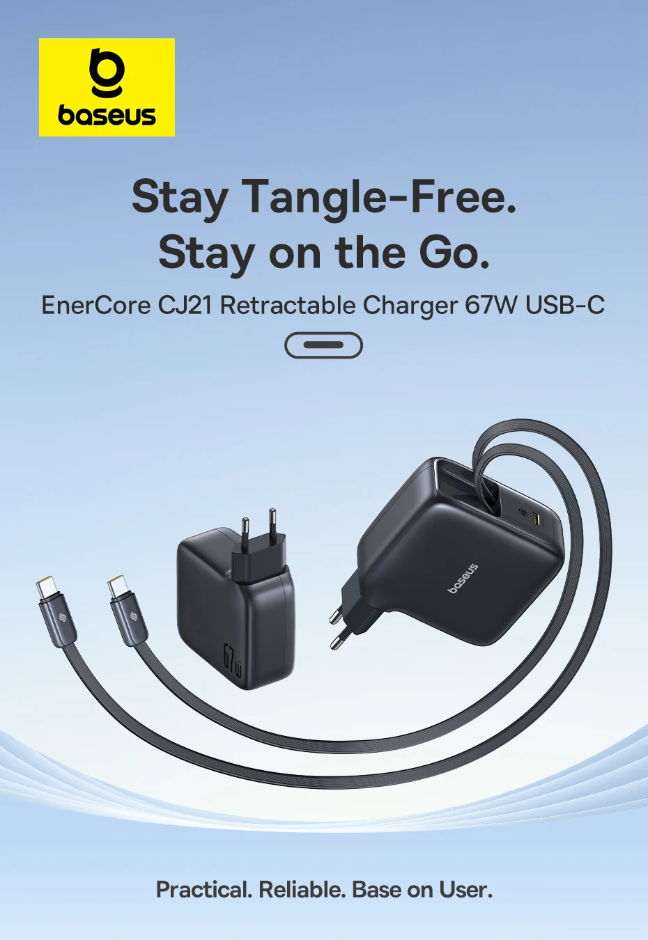 Baseus 67W Travel Charger GaN Charger With USB C Retractable Cable Fast Charger For iPhone Samsung POCO Laptop Charger PD QC PPS