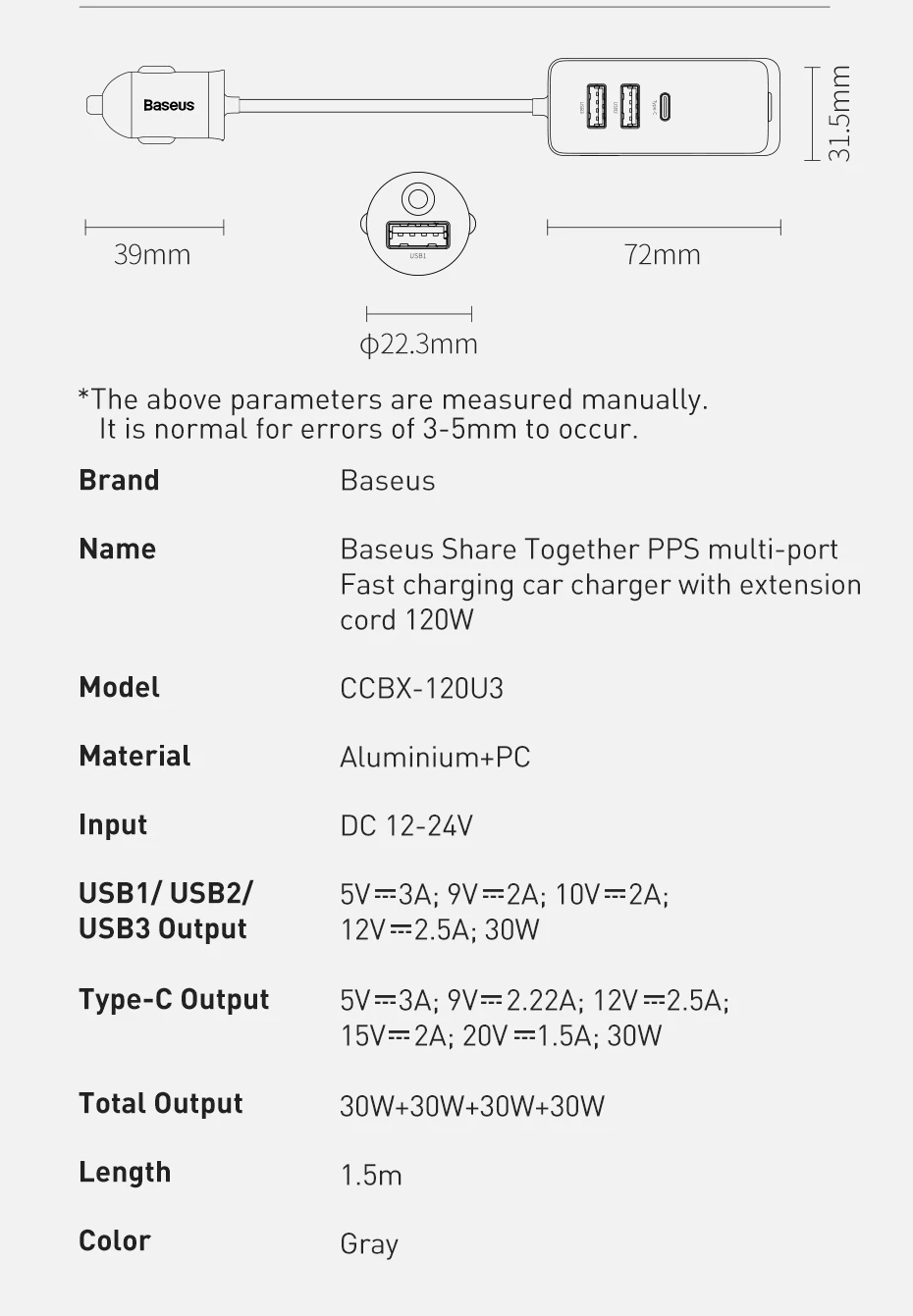 Baseus 120W PD Car Charger Quick Charger QC 3.0 PD 3.0 For iPhone 16 15 14 Samsung Type-C USB Charger Portable USB Phone Charger