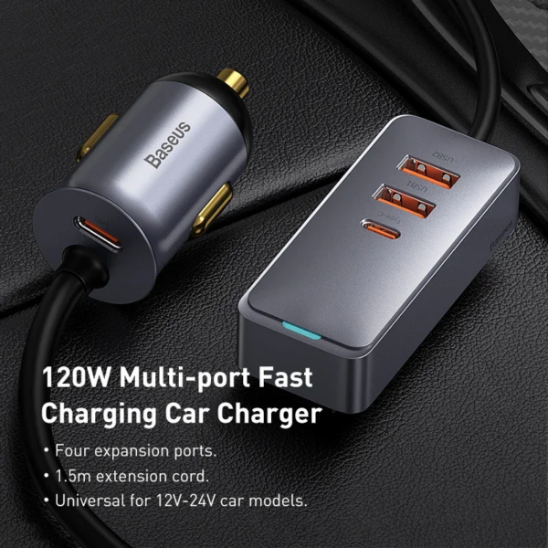 Baseus 120W 4-Port Fast Charging Car Charger with 1.5m Extension Cord PPS PD 3.0 - Image 6