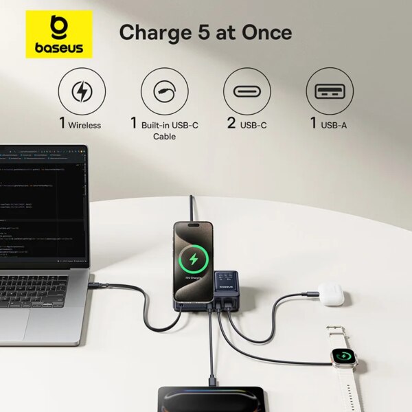 Baseus Nomos Qi2 5-in-1 Desktop Charger 140W with Retractable Cable & Digital Display - Image 3