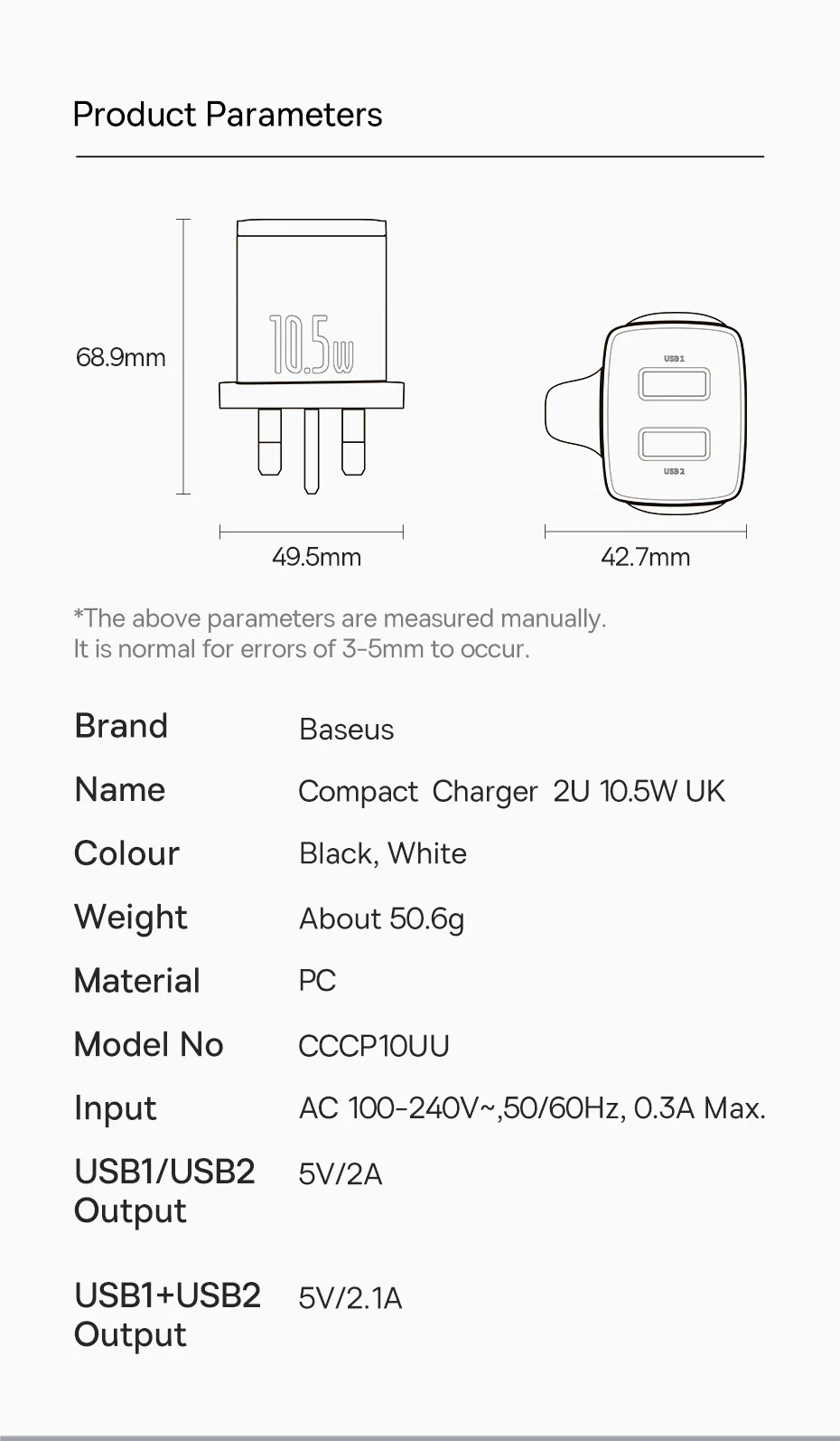 Baseus 10.5W USB Travel Charger Mini Portable Wall Adapter Charger Dual Port Phone Charging For iPhone Huawei Xiaomi