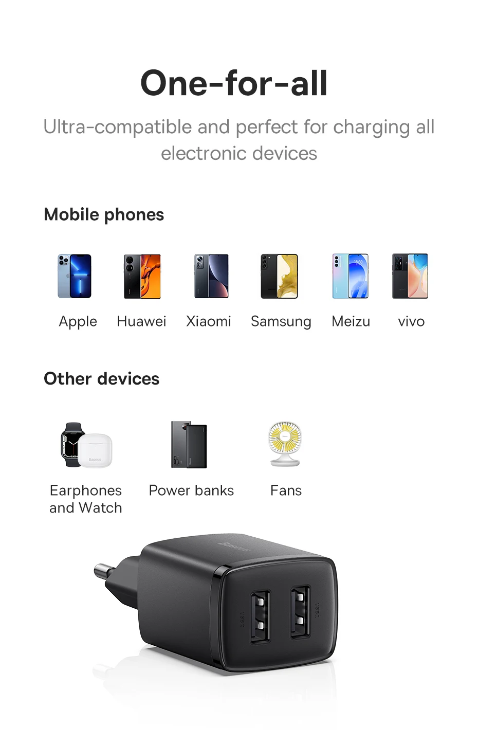 Baseus 10.5W USB Travel Charger Mini Portable Wall Adapter Charger Dual Port Phone Charging For iPhone Huawei Xiaomi