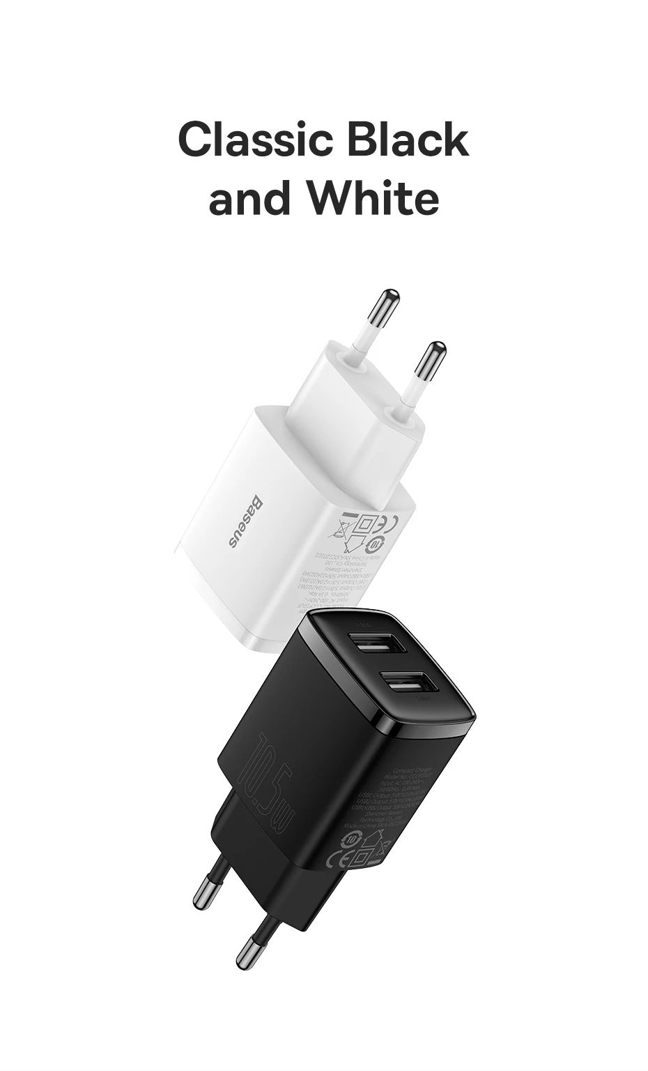 Baseus 10.5W USB Travel Charger Mini Portable Wall Adapter Charger Dual Port Phone Charging For iPhone Huawei Xiaomi