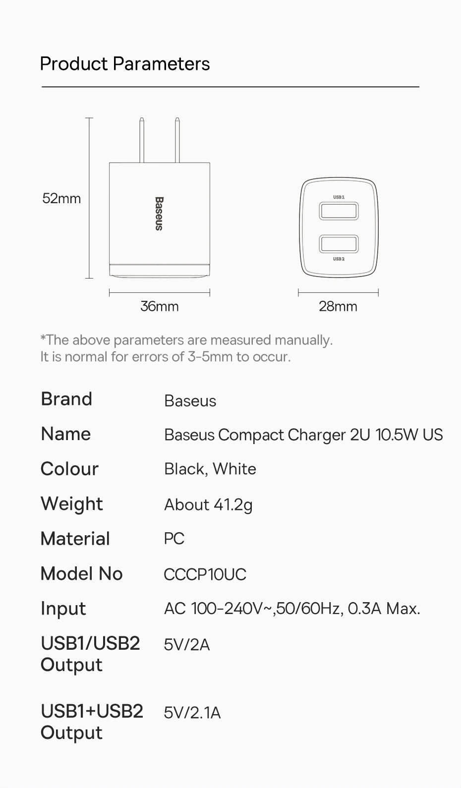 Baseus 10.5W USB Travel Charger Mini Portable Wall Adapter Charger Dual Port Phone Charging For iPhone Huawei Xiaomi