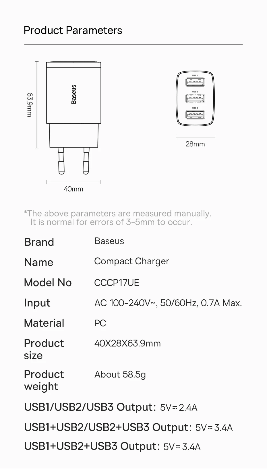Baseus 17W USB Charger Universal Portable 3 Ports Travel Wall Adapter Portable Charger Safe Charging For iPhone Xiaomi Samsung Baseus 17W USB Charger Universal Portable 3 Ports Travel Wall Adapter Portable Charger Safe Charging For iPhone Xiaomi Samsung