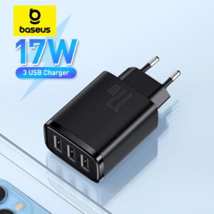 Baseus 17W Compact 3-Port USB Charger Wall Plug with Smart Chip and Six-Circuit Protection