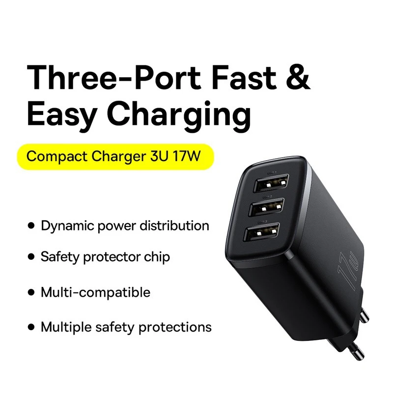 Baseus 17W Compact 3-Port USB Charger Wall Plug with Smart Chip and Six-Circuit Protection Baseus 17W Compact 3-Port USB Charger Wall Plug with Smart Chip and Six-Circuit Protection - Image 6