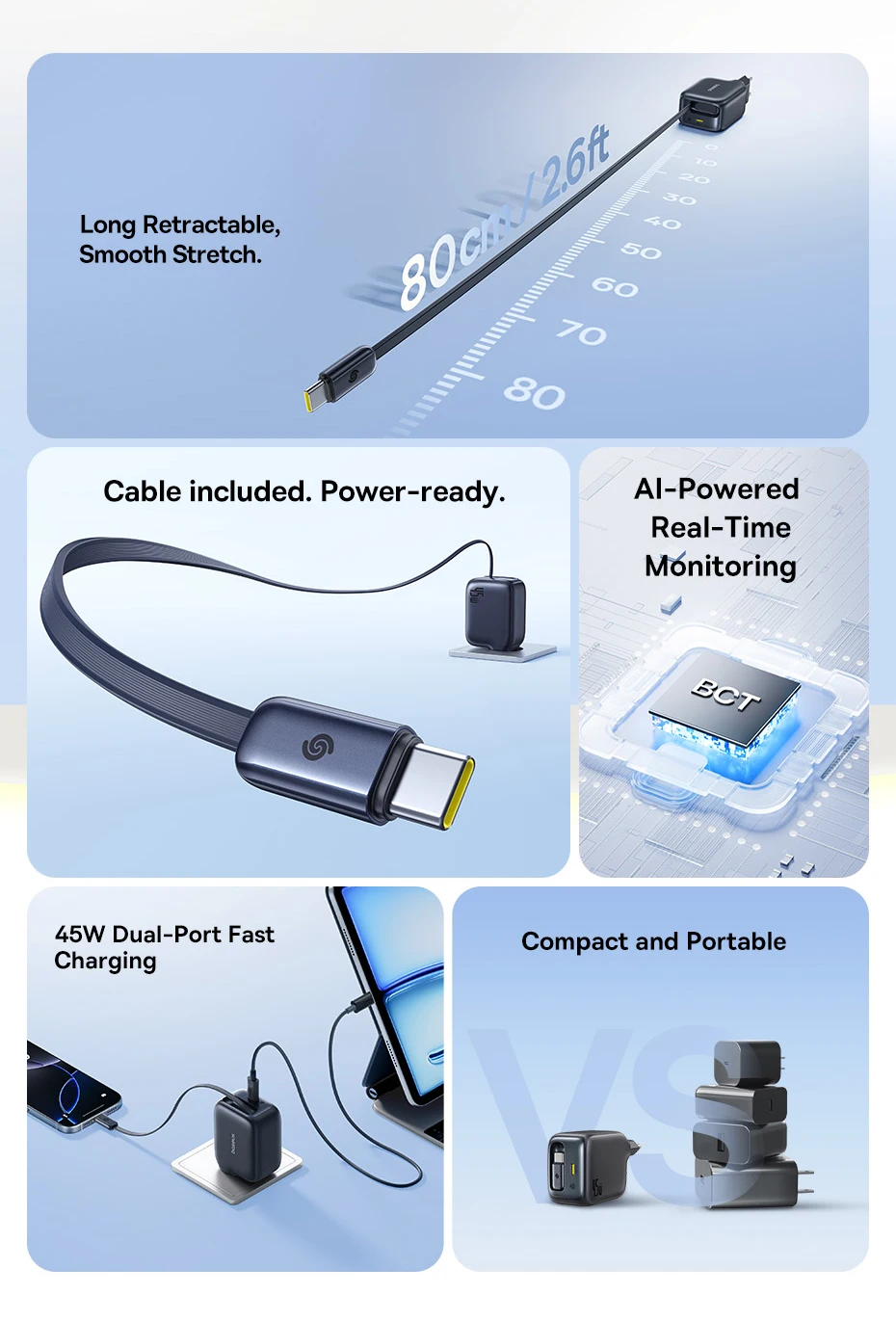 Baseus Enercore 45W PD Charger For iPhone Samsung Galaxy Fast Charger GaN Charger USB C Charger Portable Travel Charger Quick