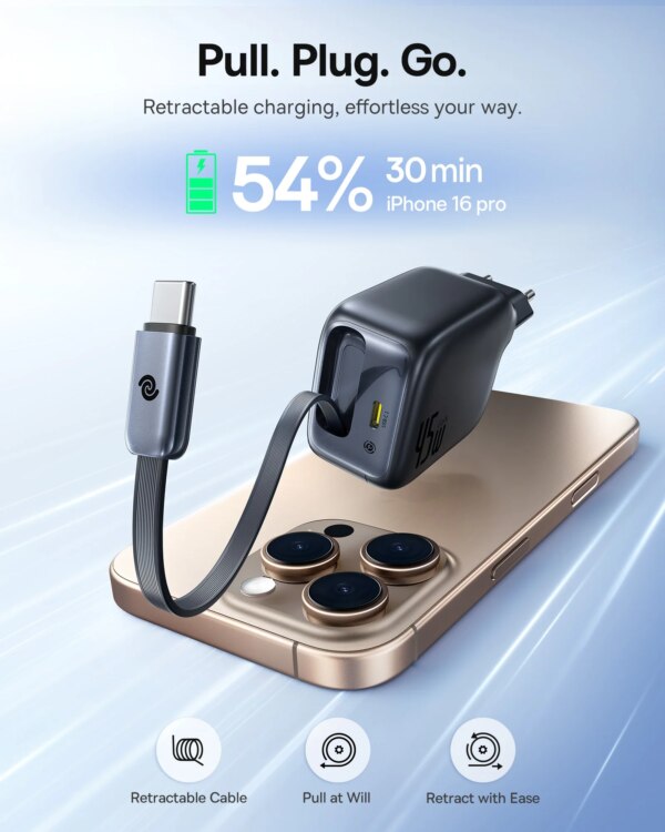 Baseus EnerCore CJ11 45W Retractable USB-C Charger with AI Real-Time Monitoring - Image 2