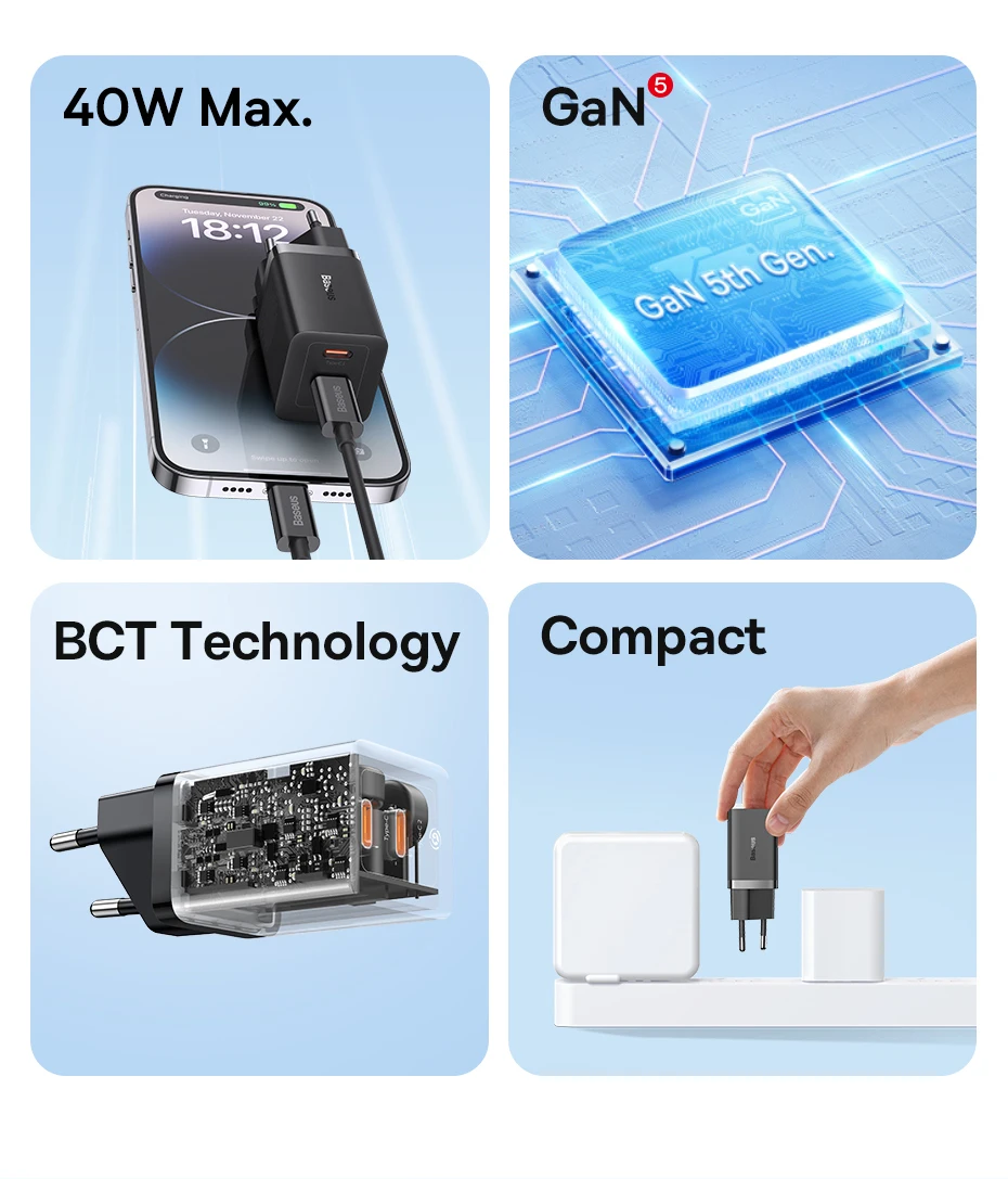 Baseus 40W GaN Charger For iPhone Samsung POCO Fast Charger For Laptop USB C Charger PD Charger Portable Travel Charger Quick