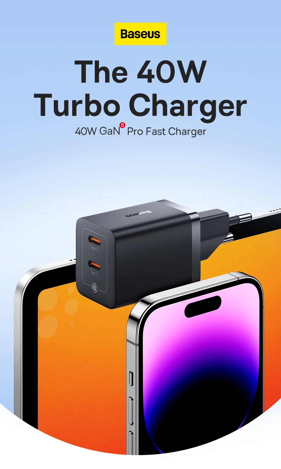 Baseus 40W GaN Charger For iPhone Samsung POCO Fast Charger For Laptop USB C Charger PD Charger Portable Travel Charger Quick
