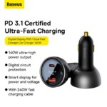 Baseus 140W Digital Display Car Charger with 240W Cable 3-Port PD 3.1 Fast Charger