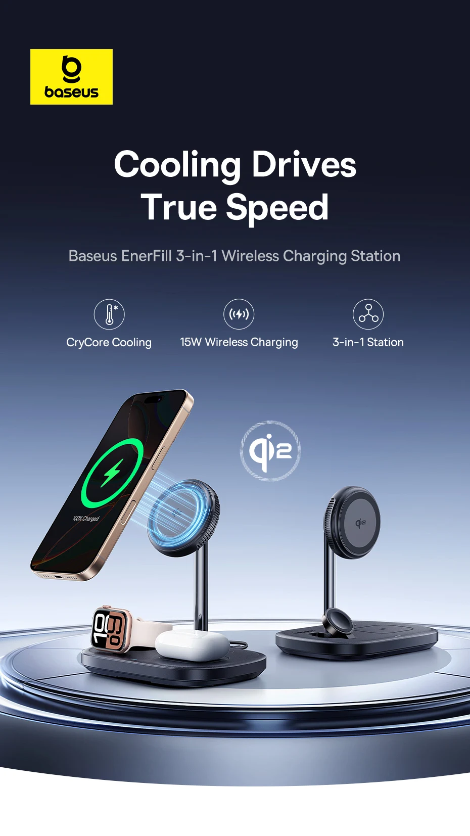 Baseus 3-in-1 Wireless Charging Stand Qi2 15W Magnetic Fast Charging TEC Cooling For iPhone 16 15 14 AirPods Apple Watch