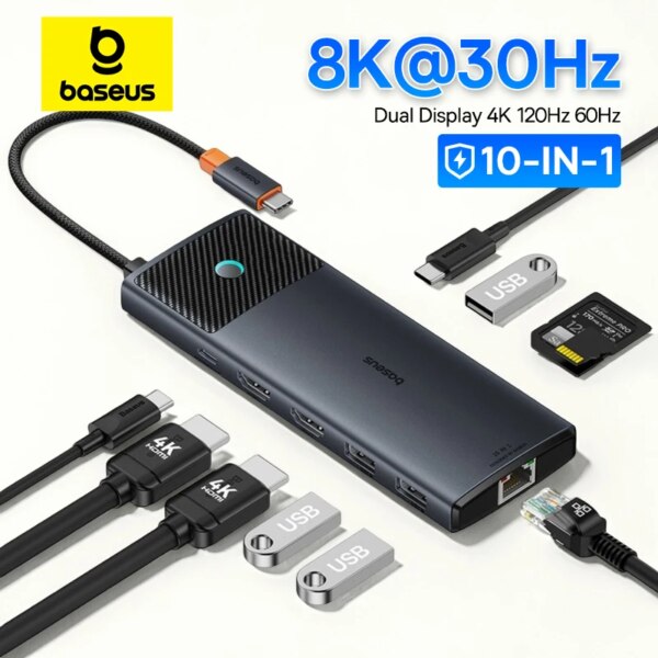 Baseus Metal Gleam Series II 10-in-1 USB C Hub Dual Display 4K@120Hz PD 100W