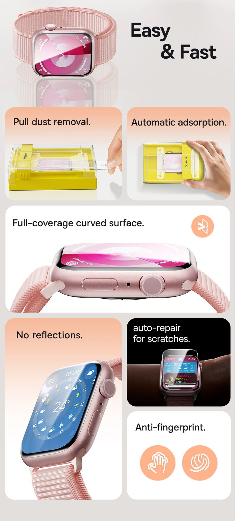 Baseus Screen Protector for Apple Watch 10 9 8 7 6 5 4 SE 46/42/45/41/44/40mm Hydrogel Film for iWatch Ultra 2 1 49mm Protective