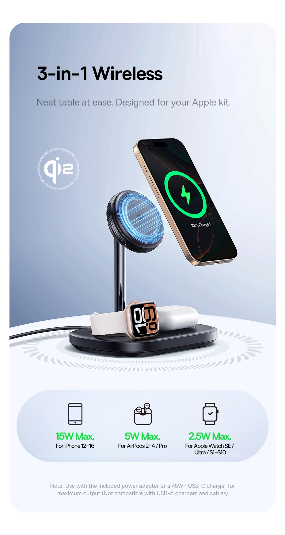 Baseus 22.5W 3-in-1 Wireless Charger Stand Qi2 15W Magnetic Fast Charging TEC Cooling For iPhone 16 15 14 AirPods Apple Watch