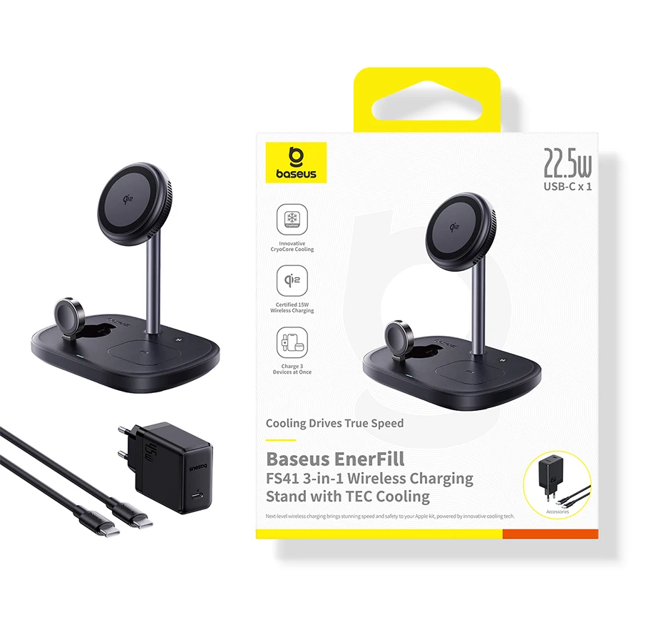 Baseus 22.5W 3-in-1 Wireless Charger Stand Qi2 15W Magnetic Fast Charging TEC Cooling For iPhone 16 15 14 AirPods Apple Watch