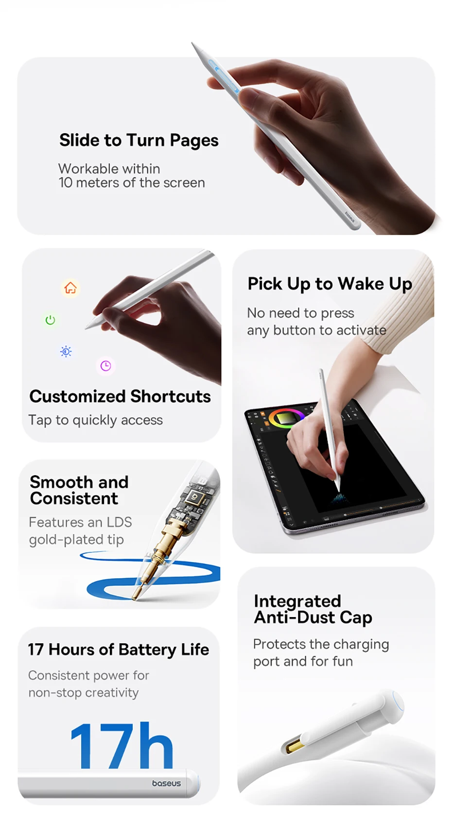 Baseus Bluetooth Stylus For iPad Pro 360° Touch Operation Wired Charging Customizable Shortcuts Slide-to-Turn Page For iPad Air
