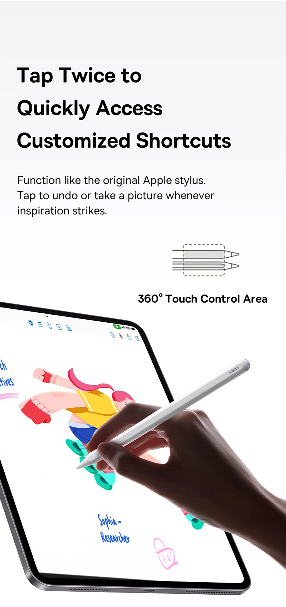 Baseus Bluetooth Stylus For iPad Pro 360° Touch Operation Wired Charging Customizable Shortcuts Slide-to-Turn Page For iPad Air