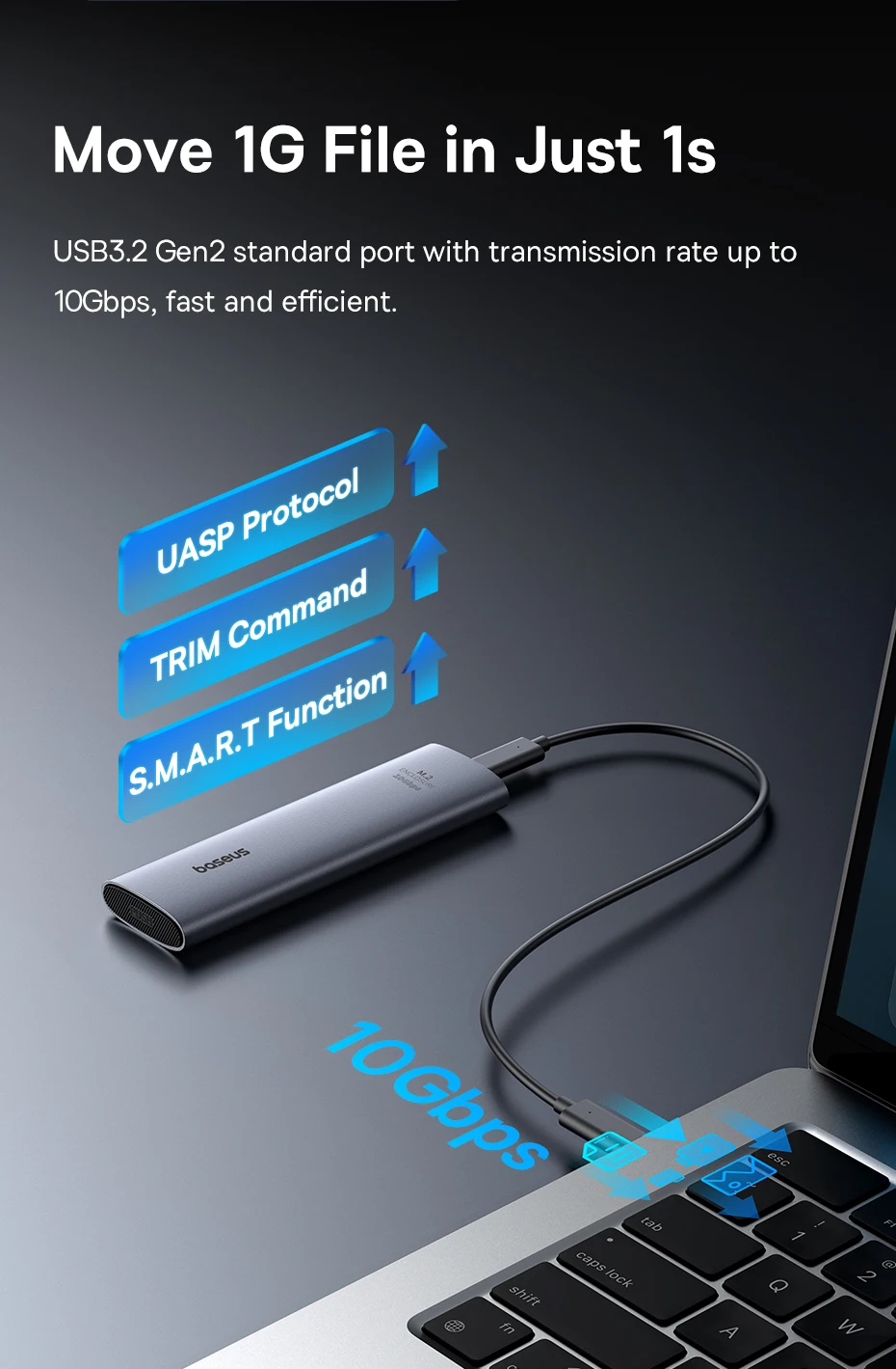 【New Sale】Baseus M2 SSD Enclosure Case 10Gbps NVMe Protocol M.2 to USB Type C 3.2 Gen2 8TB Metal External Adapter NVME SSD Case