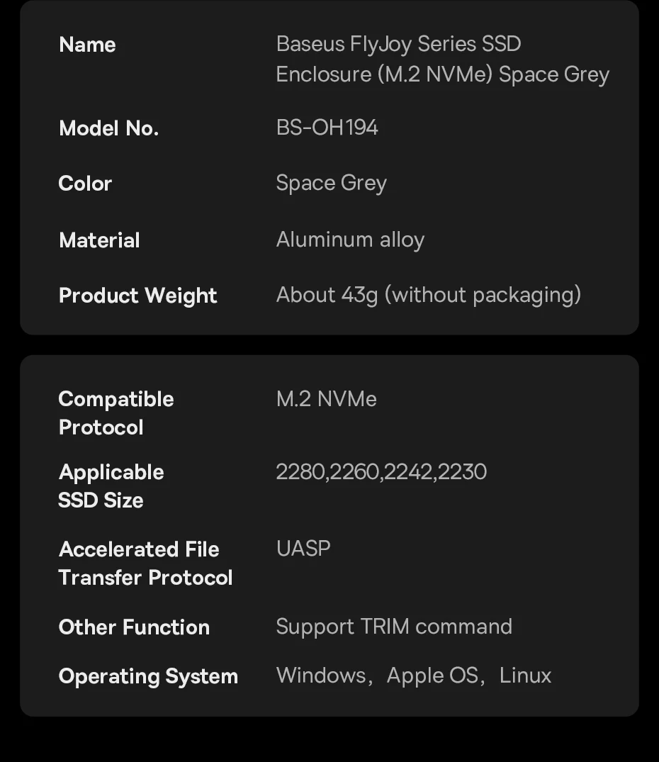 【New Sale】Baseus M2 SSD Enclosure Case 10Gbps NVMe Protocol M.2 to USB Type C 3.2 Gen2 8TB Metal External Adapter NVME SSD Case