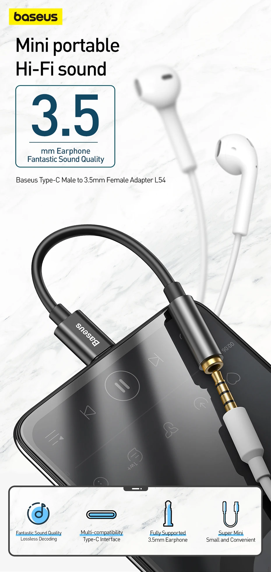 Baseus Type C to 3.5mm Earphone Jack AUX USB C Cable Headphones Adapter 3.5 Jack Audio cable For Huawei P20 Xiaomi Mi 10