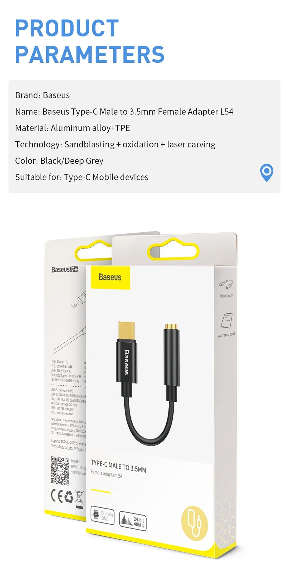 Baseus Type C to 3.5mm Earphone Jack AUX USB C Cable Headphones Adapter 3.5 Jack Audio cable For Huawei P20 Xiaomi Mi 10