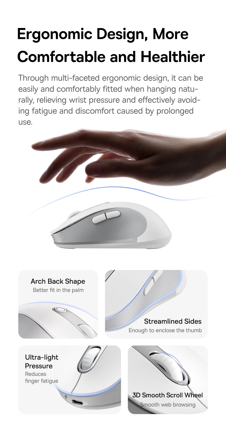 【New Upgrade】Baseus Rechargeable Wireless Mouse Type-C Charging Bluetooth 5.2 4000 DPI Computer Laptop Mute Mice Ergonomic Mouse