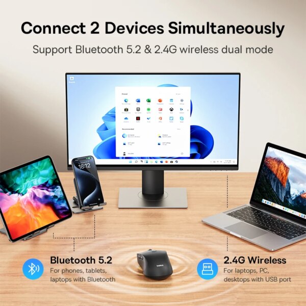 Baseus FO2 Ergonomic Wireless Mouse 4000DPI Bluetooth 5.2 & 2.4G Dual Mode Type-C Charging - Image 3